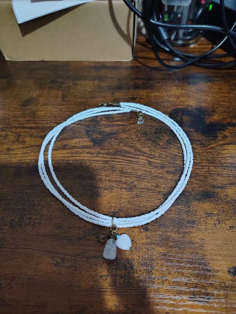 White Beaded Triple Strand Necklace With Charm Pendant,  Handmade Necklace
